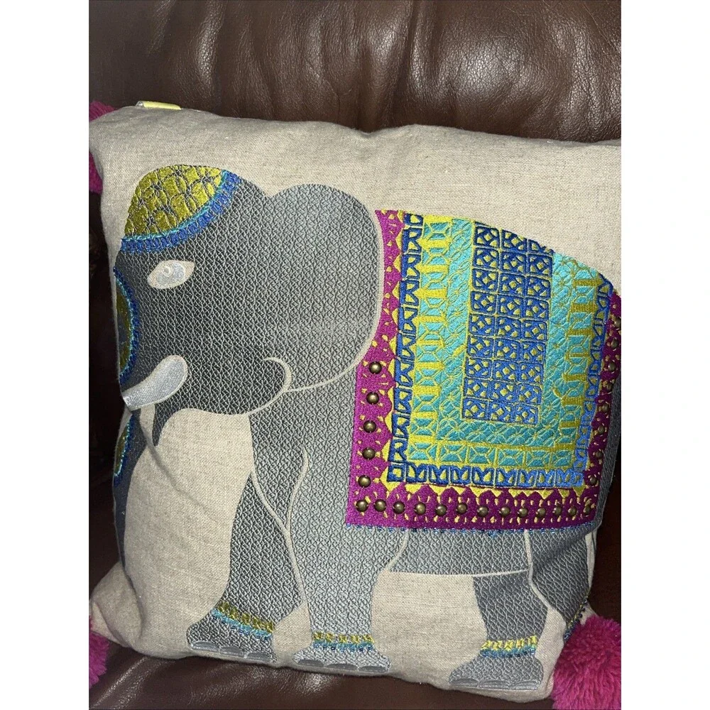 Trina Turk Elephant Embroidered Pom Pillow Square 20X20 Linen/ Cotton India